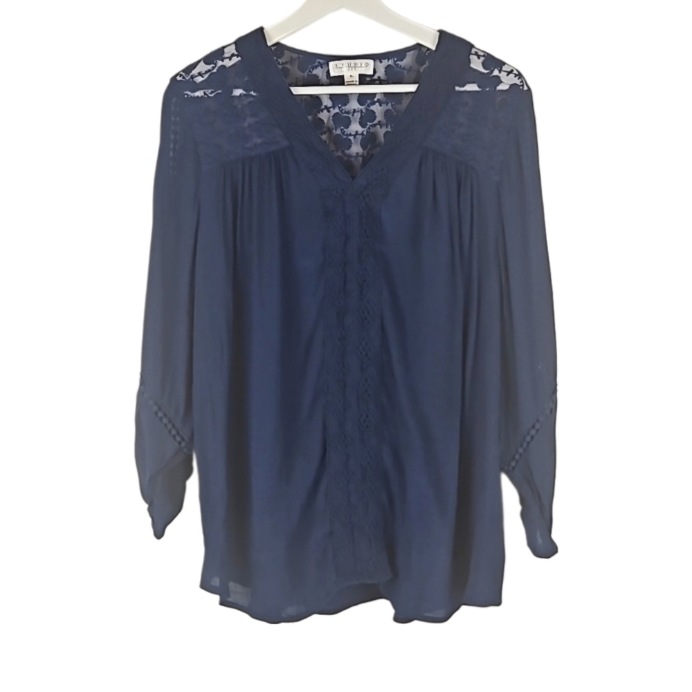 Lace Detail Navy Blue Blouse Longsleeve Top, Size XL